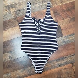 Aerie Blue & White Striped Lace-up Scoop Neck One-piece Swimsuit, Size Medium